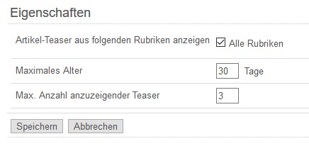 Einstellungen für den Teaser