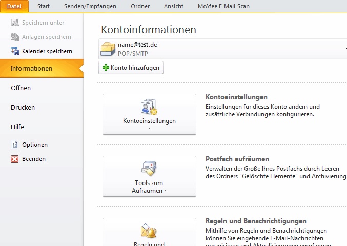 Kontoinformationen Outlook