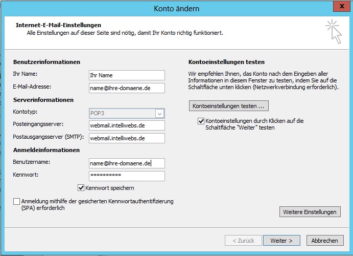 Internet-E-Mail-Einstellungen