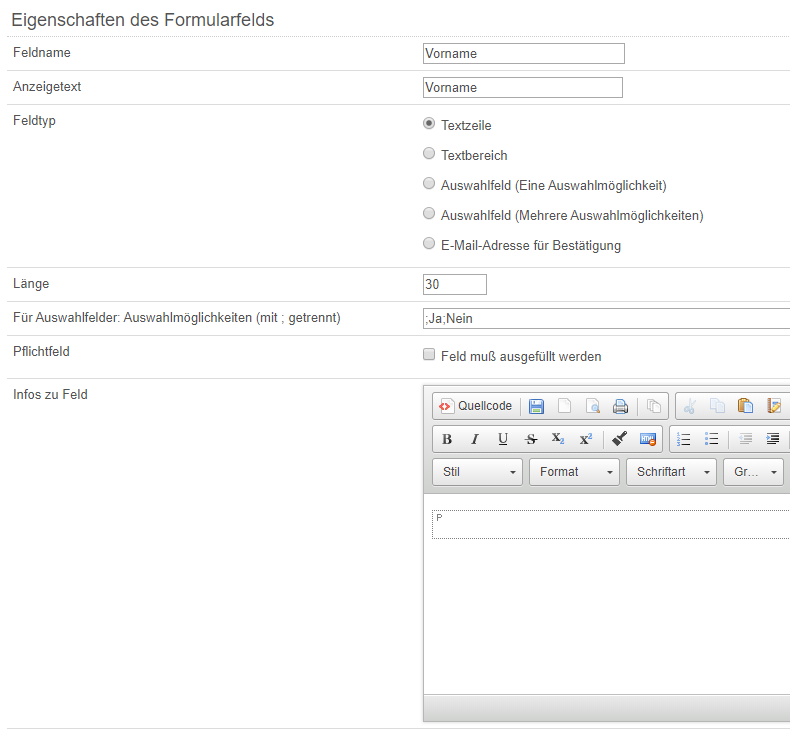 Screenshot Eigenschaften der Formularfelder
